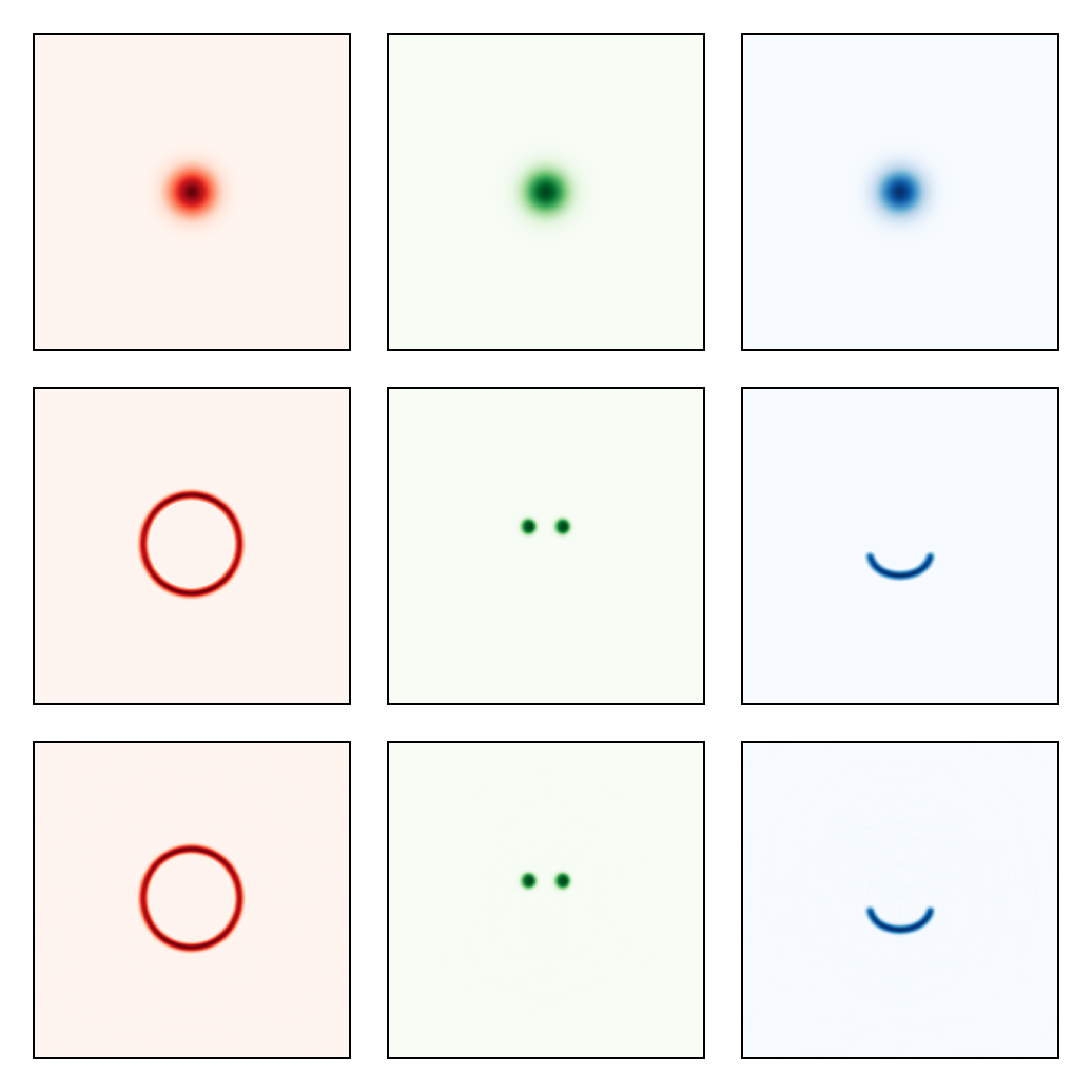 Initial beams, target patterns, and optimized result showing RGB smiley formation
